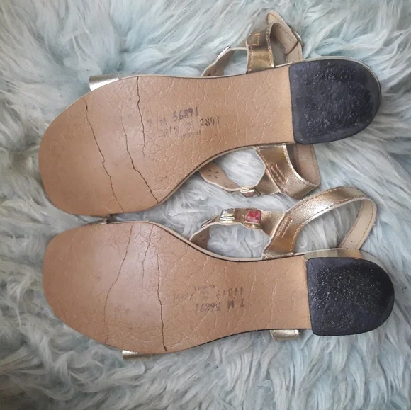 60s Vintage Mod Multi Colored JEWEL Studded Gold Lame Block Heel Sandals Size 7 - Picture 14 of 16